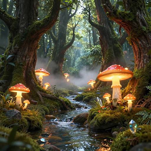 Photograph-style CGI of a mystical forest with glowing, orange-red mushrooms beside a mossy stream, surrounded by towering, twisted trees.