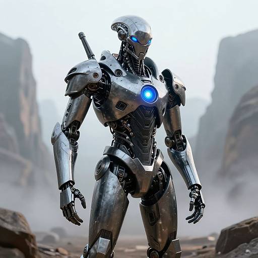 Photorealistic CGI of a futuristic, silver robotic warrior with glowing blue eyes and chest light, standing in a misty, rocky canyon.