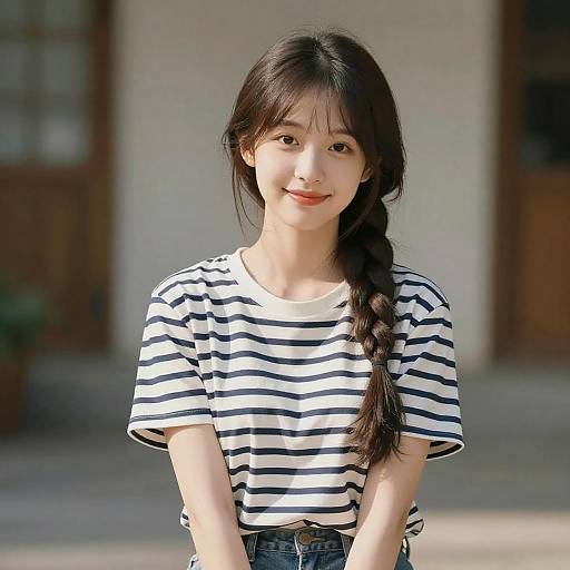 Realistic Smiling Girl in Striped Shirt