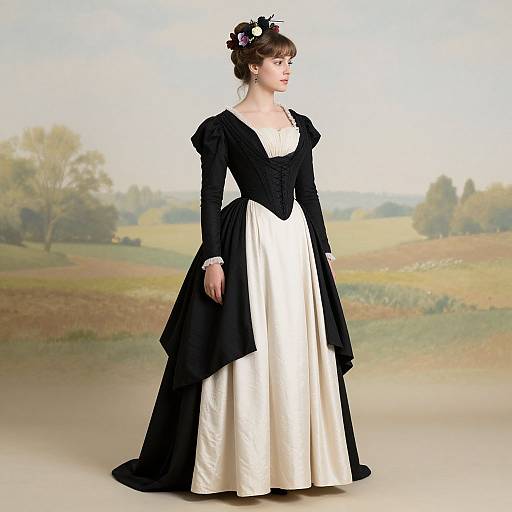 Photograph of a fair-skinned woman in a black and white Victorian-style dress with puffed sleeves, floral hair accessory, standing in a soft-focus