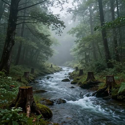 Photograph of a misty forest stream with rushing water, surrounded by tall trees, moss-covered stumps, and dense greenery.