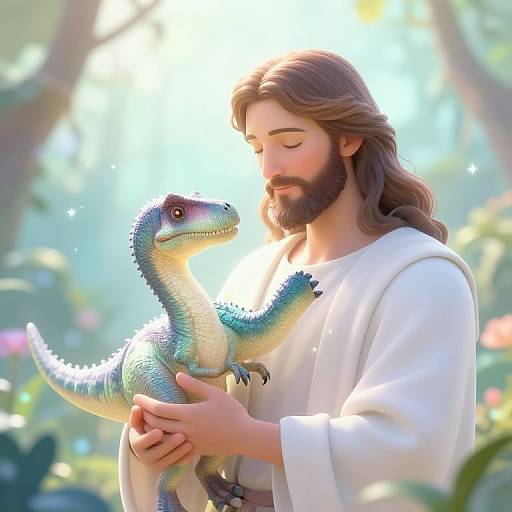 Digital painting of a bearded Jesus with long brown hair, wearing a white robe, gently holding a blue-green dinosaur in a sunlit, floral forest