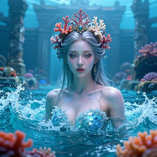 Digital artwork of a fair-skinned mermaid with long silver hair, wearing a coral crown, emerging from a turquoise underwater pool surrounded by coral and ancient