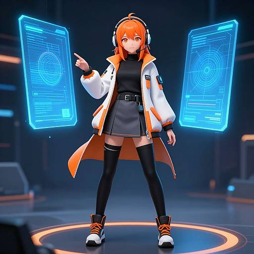 Digital anime-style illustration of an orange-haired girl in a white and black outfit, pointing at glowing blue holographic screens.