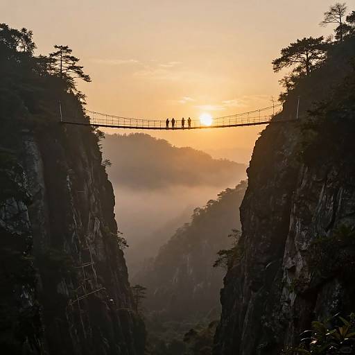 Photograph of three silhouetted people walking on a narrow suspension bridge between towering, tree-covered cliffs at a golden sunset.