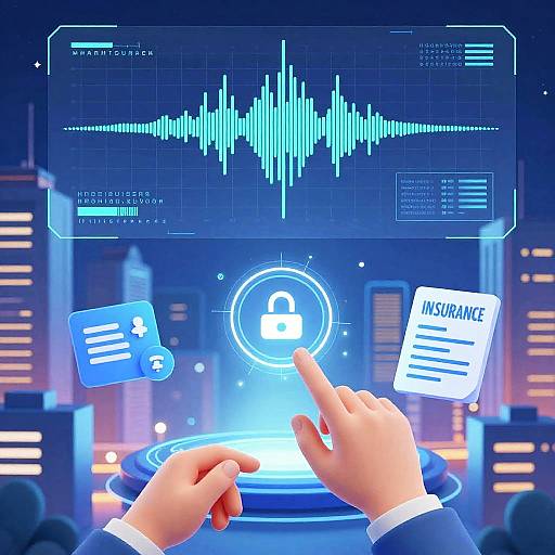 Digital illustration of hands interacting with a futuristic blue interface, featuring a lock icon, ECG graph, insurance card, and security badge, set against a