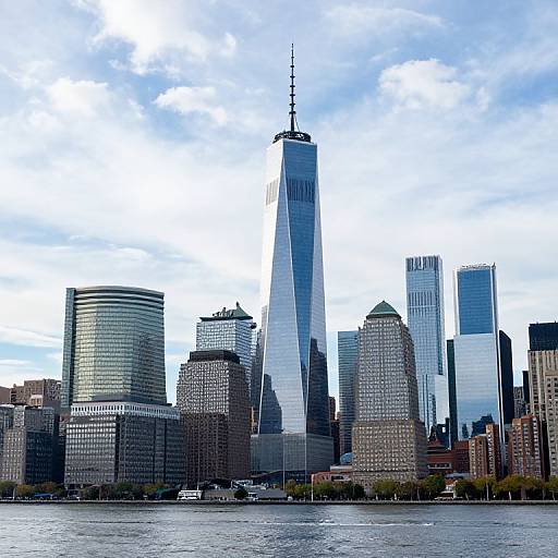Photograph of New York City skyline with One World Trade Center towering above diverse modern and classic skyscrapers under a partly cloudy sky, with a river
