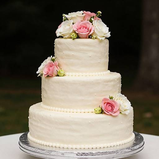 Photograph of a three-tiered white wedding cake with pink and white roses, piped border, and silver base, set against a dark background.