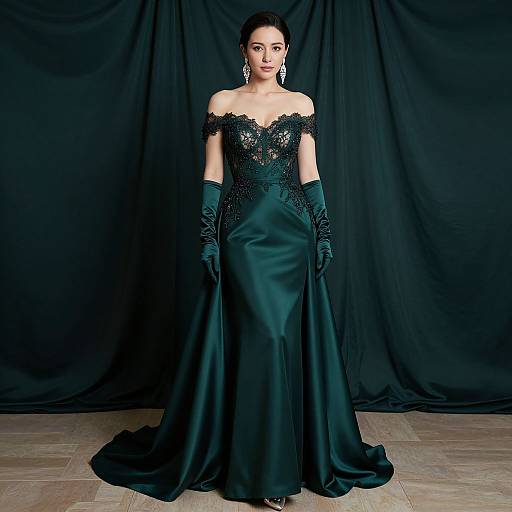 Photograph of a woman in an off-shoulder, black lace and satin gown with long gloves, standing against a black draped background.