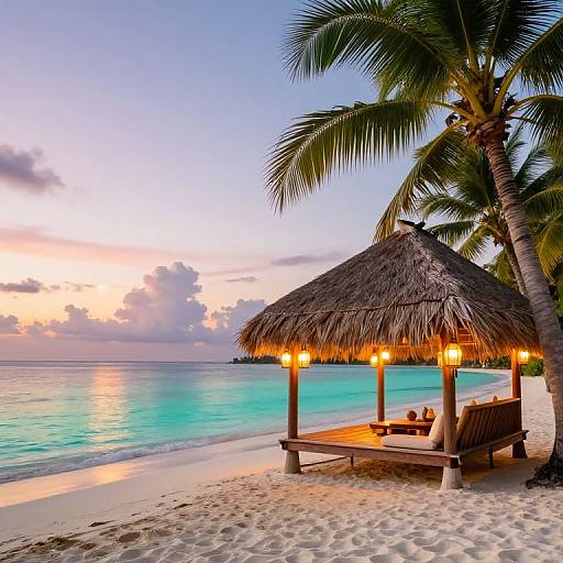 Photograph of a tropical beach at sunset, featuring a thatched-roof hut with wooden benches, lit by warm lamps, and palm trees on white