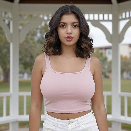 Photograph of a young woman with medium brown skin, dark wavy hair, pink tank top, and white pants, standing in a white gazebo