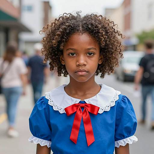 Young Girl in Blue Dress with Red Bow Outdoors