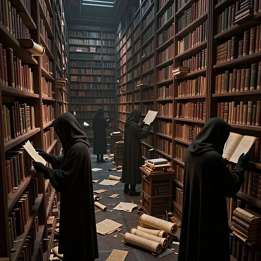 Photograph of three robed figures in a dim, expansive library, standing between tall wooden bookshelves, reading and cataloging books amidst scattered papers