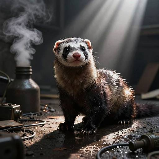 Photograph of a ferret with a black and white face, standing in a dimly lit, smoke-filled, industrial room with scattered pipes and a