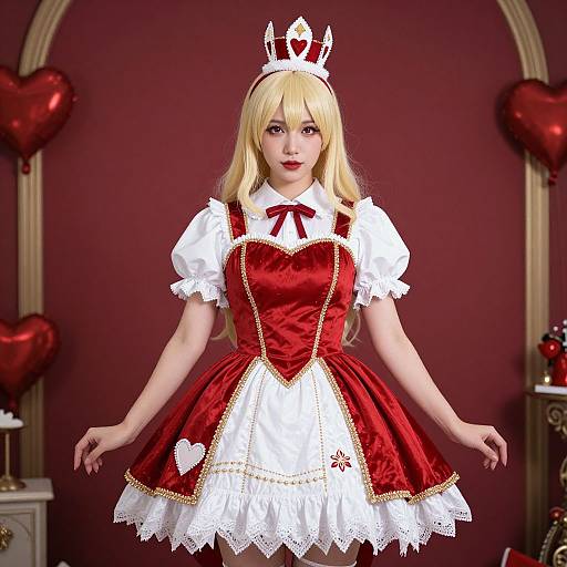 Digital cosplay photograph of a blonde woman in a red and white Alice in Wonderland-style dress with a crown, heart balloon background, and red wall arches