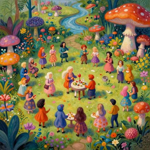 Surreal Aerial Garden Party Scene