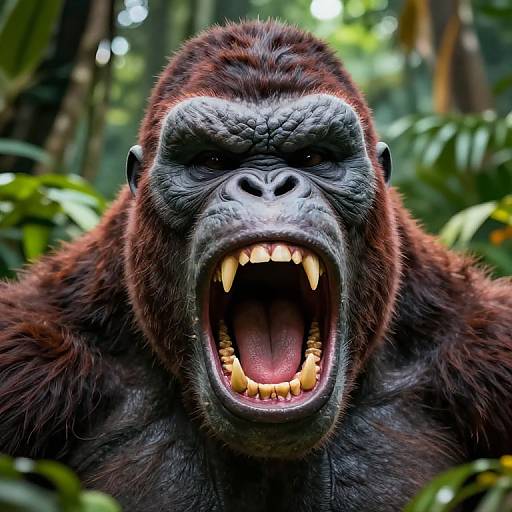 Photorealistic image of a roaring gorilla with dark fur, white facial markings, sharp teeth, and intense expression in a lush jungle.