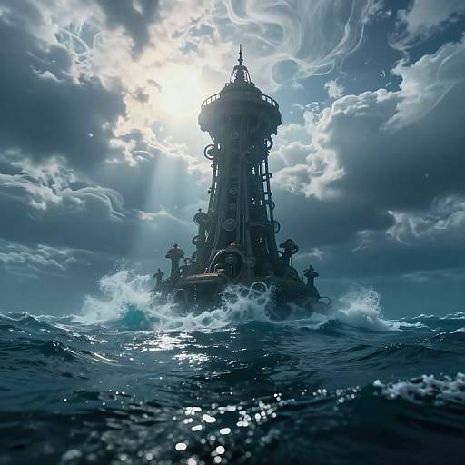 Digital art of a towering, steampunk lighthouse emerging from stormy ocean waves under a bright, sunlit, cloudy sky.