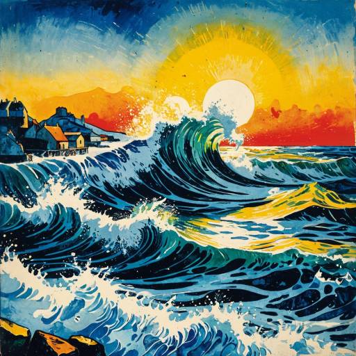 Chromolithograph of Icy Waves at Sunset