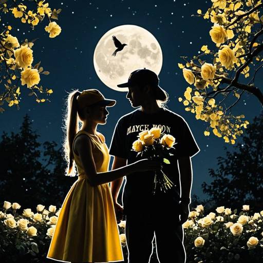 Couple Silhouette with Yellow Roses under Full Moon