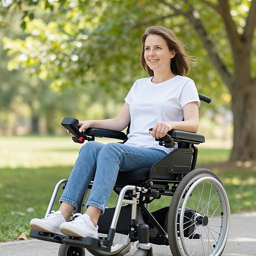 Woman Smiling in Motorized Wheelchair Outdoors