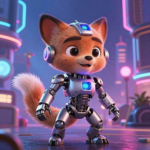 CGI image of a cute, anthropomorphic, robotic fox with fluffy orange fur, wearing a blue headpiece and metallic limbs, standing on a neon