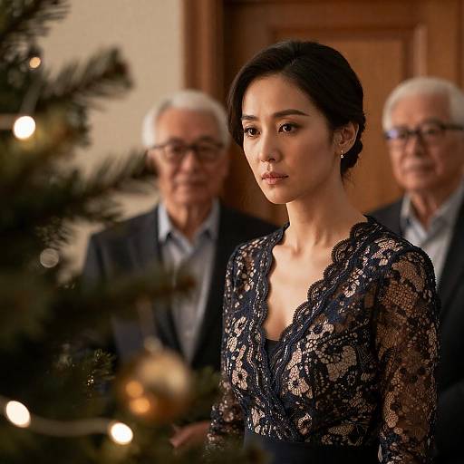 Elegant Woman by a Christmas Tree