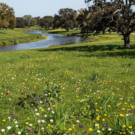 Photograph of a vibrant meadow with colorful wildflowers, a winding river, and shaded trees under a clear blue sky.