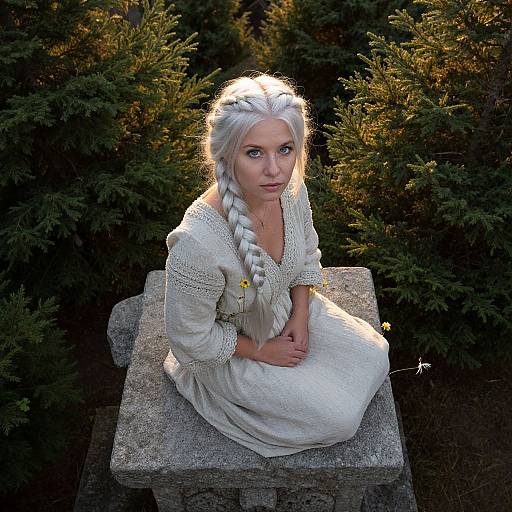 Photograph of a fair-skinned, blue-eyed woman with long braided white hair, wearing a white, embroidered dress, seated on a stone bench