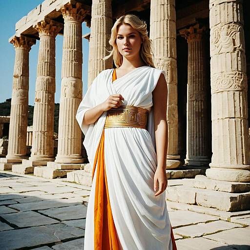 Young Woman in Ancient Greek Toga at Temple