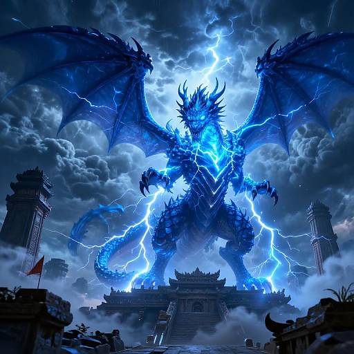 Digital artwork of a massive, blue, electric-lit dragon with glowing wings and jagged horns, towering over ancient ruins under a stormy, lightning