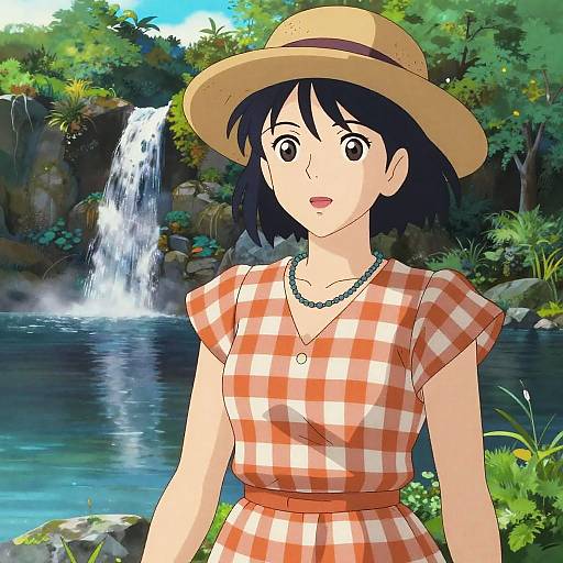 Anime-style drawing of a young woman with black hair, wearing a straw hat, orange-checkered dress, and necklace, standing by a waterfall in a
