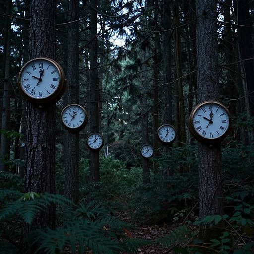 Photograph of six large, round clocks with black hands and Roman numerals, mounted on tall forest trees, surrounded by dense, dark green foliage.