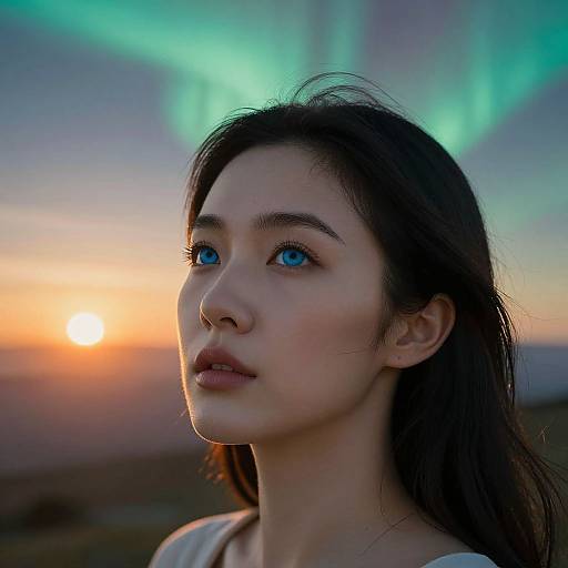 Photograph of an Asian woman with long black hair, blue eyes, and fair skin, gazing at a sunset with vibrant green aurora borealis