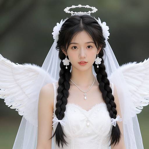 Photograph of an Asian woman with long black braids, white angel wings, halo, floral headpiece, veil, cross necklace, and white dress