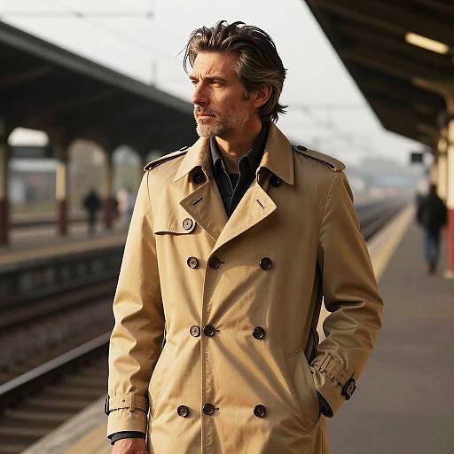 Photograph of a handsome, rugged man with gray hair and beard, wearing a beige trench coat, standing on a sunlit train platform, looking to