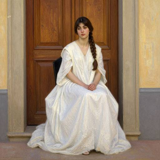 Photograph of a young woman with long brown hair in a braid, wearing a white, ornate, flowing dress, seated before a wooden door