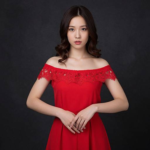 Young Woman in Red Lace Dress