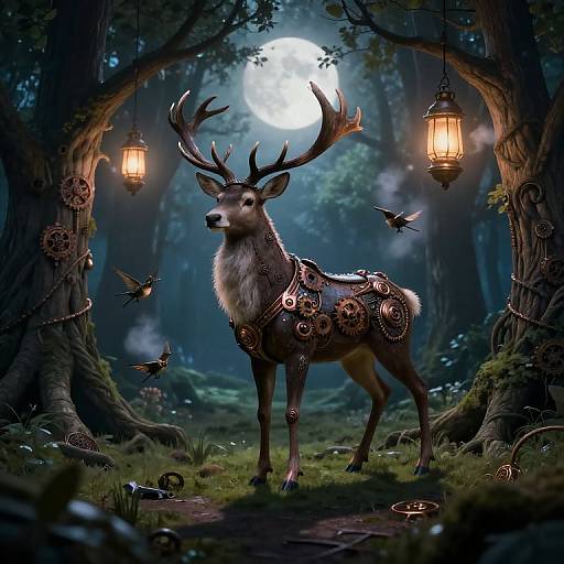 Digital fantasy illustration of a majestic, antlered deer adorned with intricate jewelry, standing under a glowing full moon in a mystical forest, surrounded by glowing