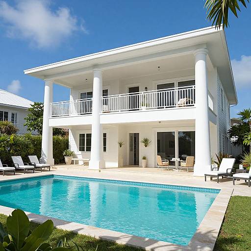 Photograph of a bright white two-story house with a large pool, sun loungers, and blue sky in the background.