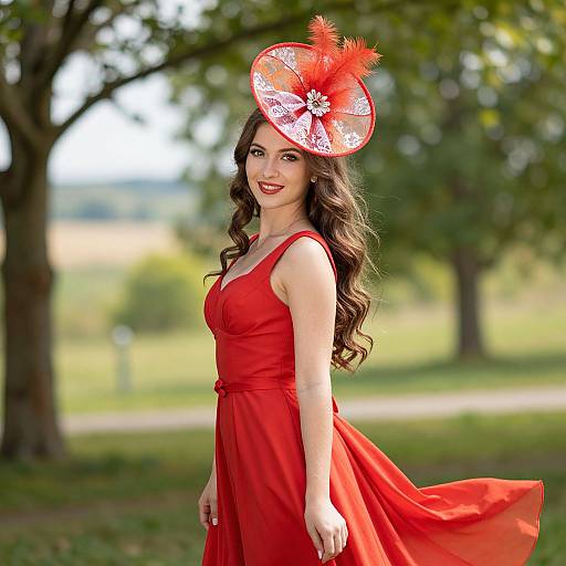 Photograph of a smiling woman with long wavy brown hair, wearing a vibrant red dress and a matching red hat with white lace and orange feathers,