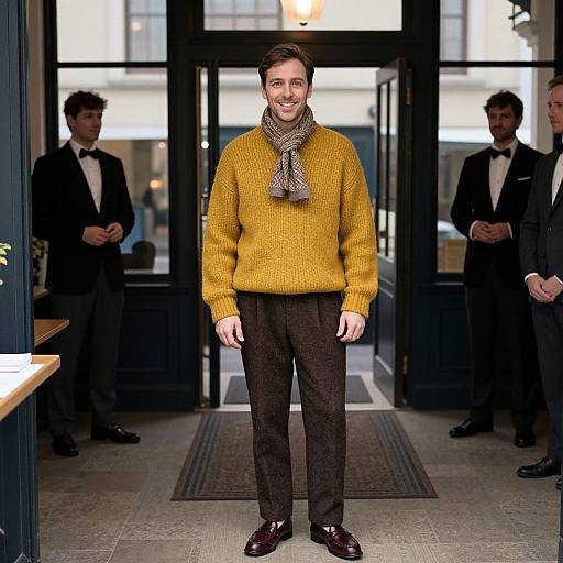 Photograph of a smiling man in a mustard yellow sweater, brown pants, and a patterned scarf, standing in a doorway flanked by two formally