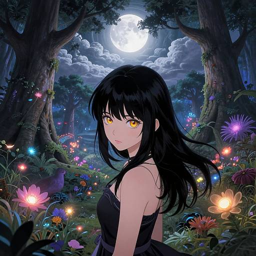 Anime-style digital art: A black-haired girl with golden eyes stands in a moonlit forest, surrounded by glowing flowers and colorful lights.