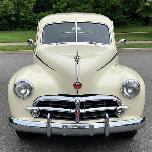 Photograph of a vintage, cream-colored 1940s car with chrome accents, round headlights, and a red emblem, parked on a paved road