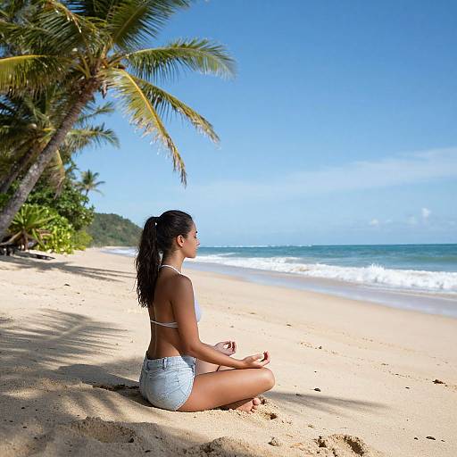 Photograph of a woman with long black hair in a white bikini, sitting cross-legged on a sunny, palm-fringed beach, gazing at the