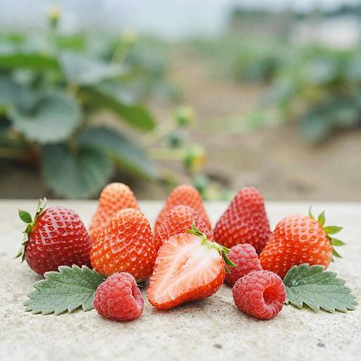 Fresh Strawberries and Raspberries on Stone Surface
