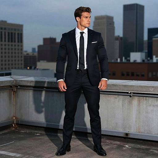 Photograph of a handsome man in a black suit with white shirt and tie, standing on a rooftop at sunset, cityscape in the background.