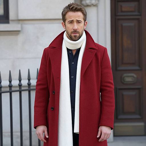 Photograph of a bearded man with short brown hair, wearing a red coat, white scarf, and black shirt, standing outdoors.