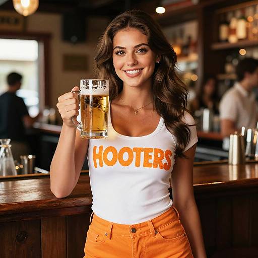 Photograph of a smiling young woman with long brown hair, wearing a white Hooters t-shirt and orange shorts, holding a frothy beer mug