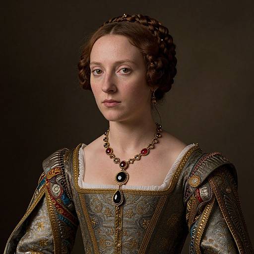 Photograph of a pale-skinned woman with braided brown hair, wearing an ornate, medieval-style dress and red jewel necklace, against a dark